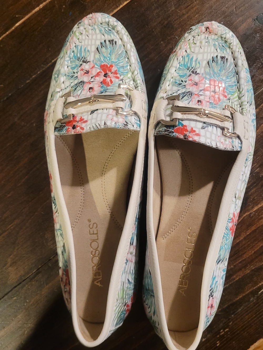 Aerosoles Drive Along Bit Loafer White Cream Gold Pink Green Tropical Floral 7.5 - Picture 3 of 9